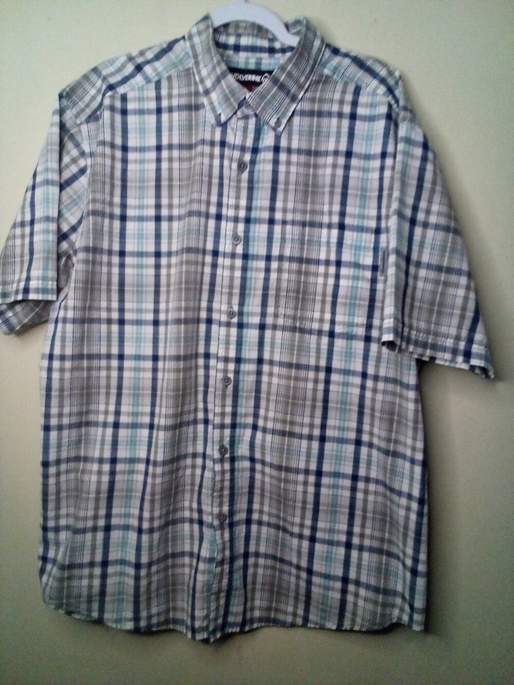 Wolverine Shirt Men XL Button Down Short Sleeve Plaid Blue Gray